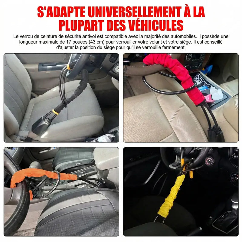 Exemples d'adaptation universelle de l'antivol de volant noir sur plusieurs types de sièges et véhicule