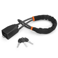 Antivol de volant robuste avec gaine de protection noire et orange, fourni avec son jeu de trois clés de sécurité avant l'ajout au panier.
