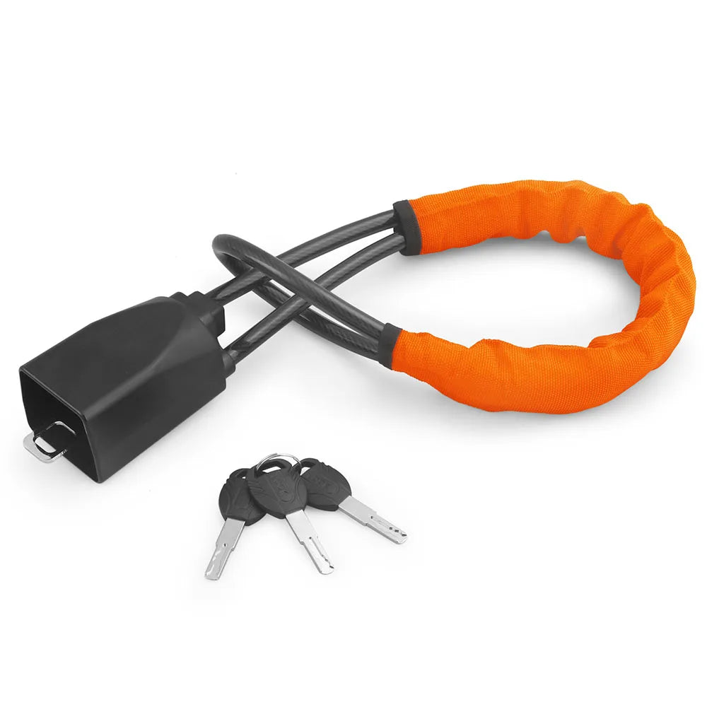 Antivol de ceinture de sécurité pour voiture avec câble en acier gainé d'une protection orange haute visibilité et jeu de trois clés.