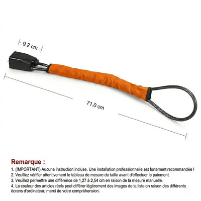 Dimensions détaillées de l'antivol de volant (71 cm de longueur totale et 9,2 cm pour le bloc de verrouillage) avec notes explicatives sur les mesures.