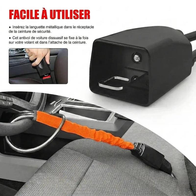 Infographie expliquant comment utiliser l'antivol de volant se fixant sur l'attache de la ceinture de sécurité, avec gros plan sur la languette métallique.