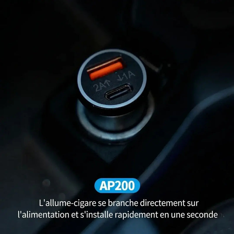 Chargeur allume-cigare AP200 branché prise 12V voiture installation en une seconde