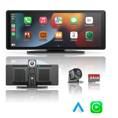 Écran de bord intelligent avec interface CarPlay et Android Auto, incluant une dashcam intégrée, une caméra arrière déportée et une carte microSD de 64 Go.