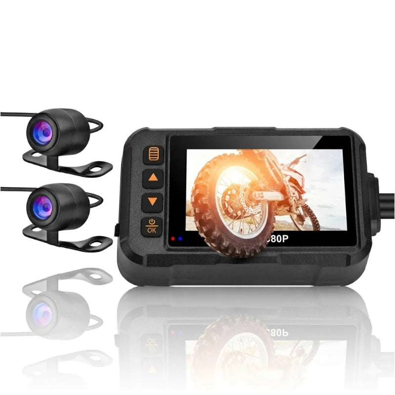 Dashcam moto compacte avec écran LCD de contrôle et double caméra grand angle pour enregistrement vidéo Full HD 1080P avant et arrière.