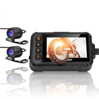 Dashcam moto compacte avec écran LCD de contrôle et double caméra grand angle pour enregistrement vidéo Full HD 1080P avant et arrière.
