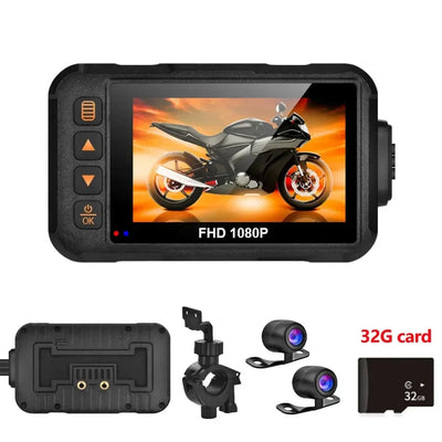 Ensemble dashcam moto Full HD 1080P avec écran, deux caméras, support de fixation et carte mémoire Micro SD de 32 Go incluse.