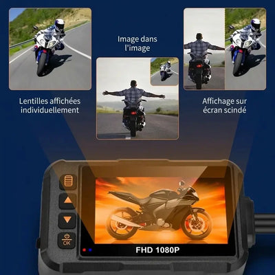 Modes de visualisation sur l'écran dashcam moto : affichage individuel des lentilles, mode image dans l'image et écran scindé pour une visibilité totale.