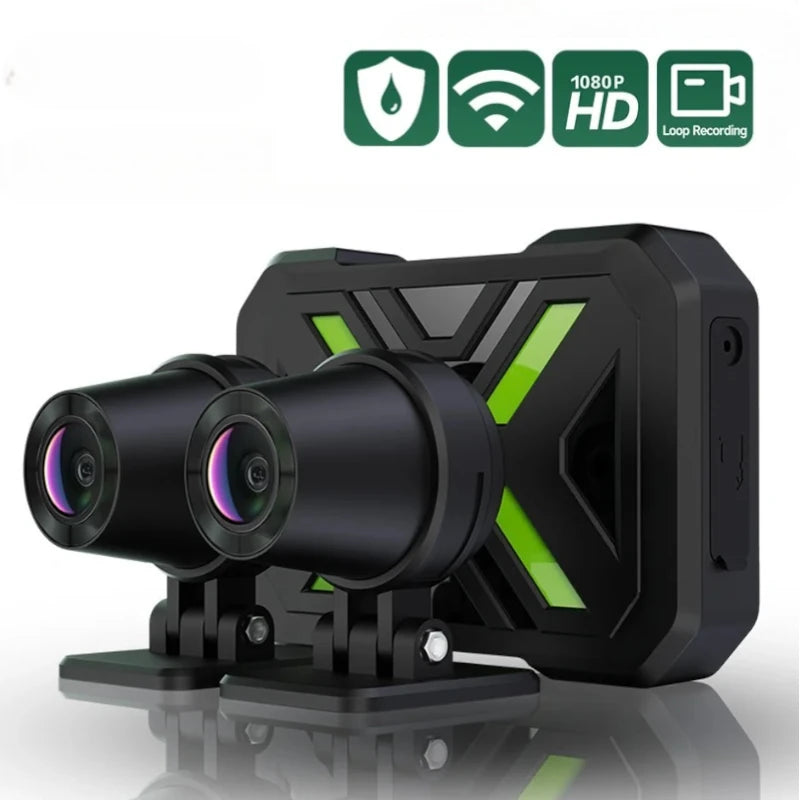 Système de dashcam étanche pour moto avec double objectif 1080P HD, connectivité WiFi et enregistrement en boucle, conçu pour une installation robuste sur deux-roues avant l'ajout au panier.