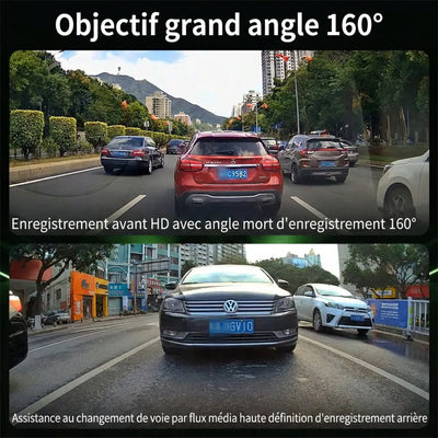 Objectif grand angle de 160° de la dashcam moto offrant un enregistrement avant HD sans angle mort et une assistance au changement de voie par flux vidéo haute définition à l'arrière avant l'ajout au panier.
