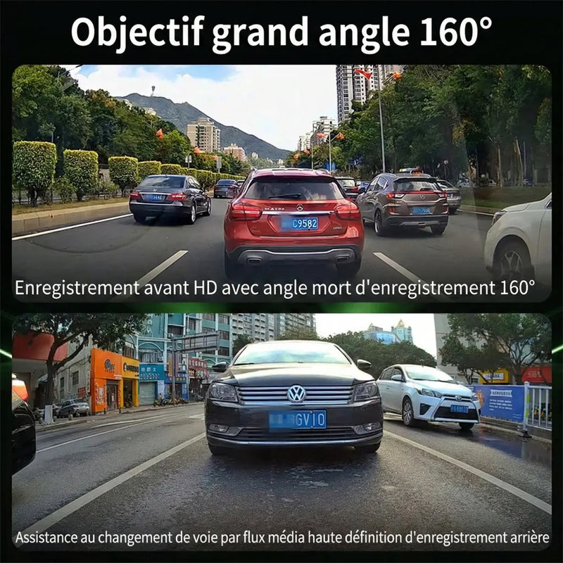 Objectif grand angle de 160° de la dashcam moto offrant un enregistrement avant HD sans angle mort et une assistance au changement de voie par flux vidéo haute définition à l'arrière avant l'ajout au panier.