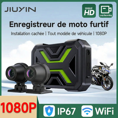 Enregistreur de moto furtif JIUYIN avec installation cachée, offrant une résolution 1080P HD, une étanchéité certifiée IP67 et une connectivité WiFi pour tous modèles de véhicules avant l'ajout au panier.