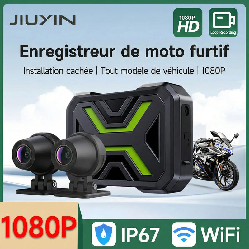 Enregistreur de moto furtif JIUYIN avec installation cachée, offrant une résolution 1080P HD, une étanchéité certifiée IP67 et une connectivité WiFi pour tous modèles de véhicules avant l'ajout au panier.