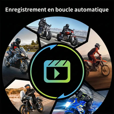 Fonction d'enregistrement en boucle automatique de la dashcam moto permettant de filmer en continu sans saturation de la carte mémoire avant l'ajout au panier.