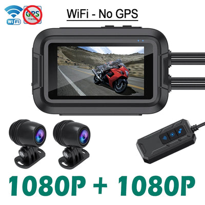Dashcam moto double objectif Full HD 1080P avec connectivité WiFi (sans option GPS) et écran de contrôle pour enregistrement vidéo embarqué.