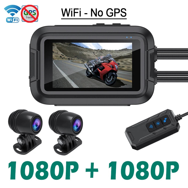 Dashcam moto double objectif Full HD 1080P avec connectivité WiFi (sans option GPS) et écran de contrôle pour enregistrement vidéo embarqué.