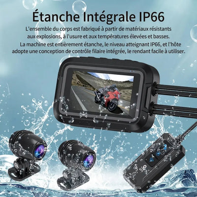 Conception robuste et étanche IP66 pour l'ensemble de la dashcam moto, des caméras et de la commande filaire, résistante aux températures extrêmes et aux intempéries.