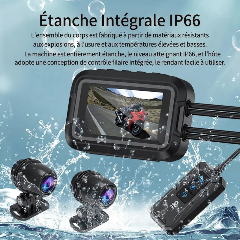 Conception robuste et étanche IP66 pour l'ensemble de la dashcam moto, des caméras et de la commande filaire, résistante aux températures extrêmes et aux intempéries.