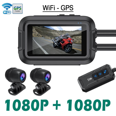 Kit dashcam moto avec double objectif Full HD 1080P, écran de contrôle, connectivité WiFi et traceur GPS intégrés pour une sécurité renforcée.