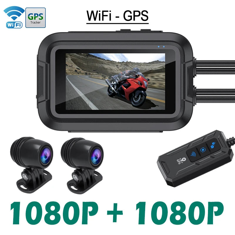 Kit dashcam moto avec double objectif Full HD 1080P, écran de contrôle, connectivité WiFi et traceur GPS intégrés pour une sécurité renforcée.