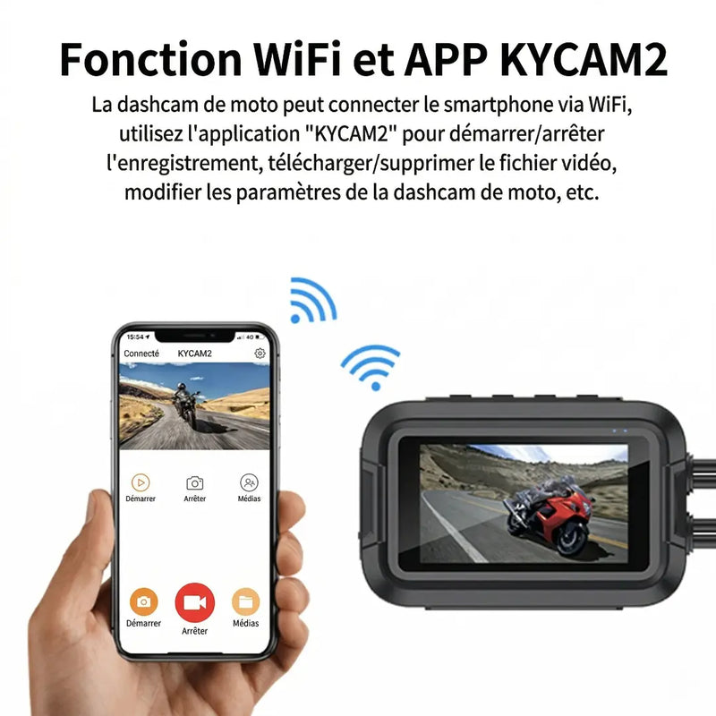Fonction WiFi et application mobile KYCAM2 pour dashcam moto, permettant de contrôler l'enregistrement et de gérer les fichiers vidéo depuis un smartphone.