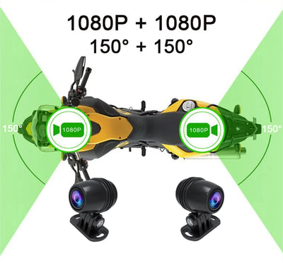 Spécifications des deux caméras dashcam moto : résolution Full HD 1080P et grand angle de vue de 150° pour une couverture optimale à l'avant et à l'arrière.