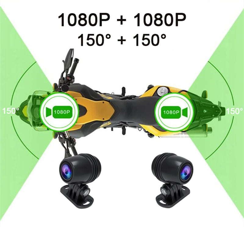 Spécifications des deux caméras dashcam moto : résolution Full HD 1080P et grand angle de vue de 150° pour une couverture optimale à l'avant et à l'arrière.