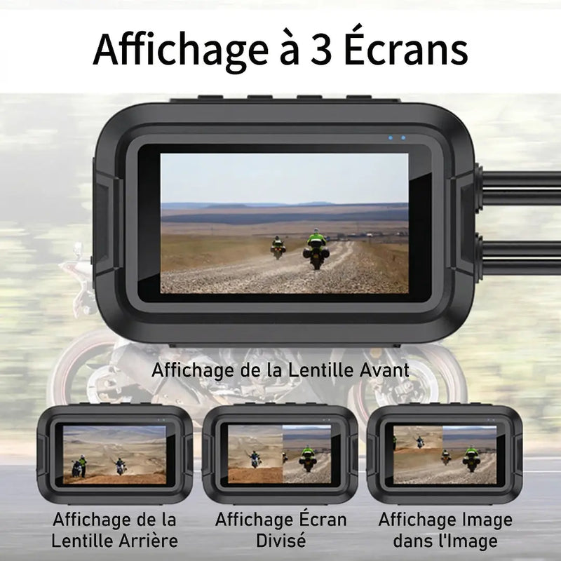 Différents modes d'affichage sur l'écran de la dashcam moto : vue de la lentille avant, lentille arrière, écran divisé et mode image dans l'image (PiP).