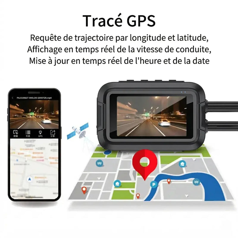 Fonction de tracé GPS pour dashcam moto permettant l'affichage en temps réel de la vitesse, de la trajectoire par coordonnées et la mise à jour automatique de l'heure et de la date.
