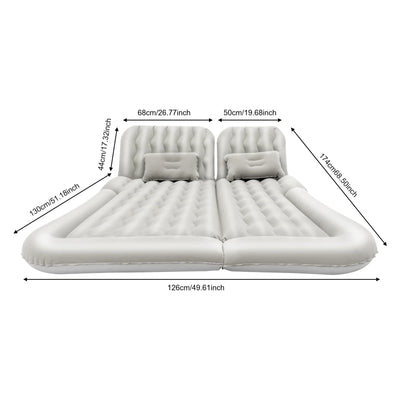 Dimensions détaillées du matelas gonflable de voiture gris clair : longueur de 174 cm, largeur de 126 cm et sections modulables avec oreillers.