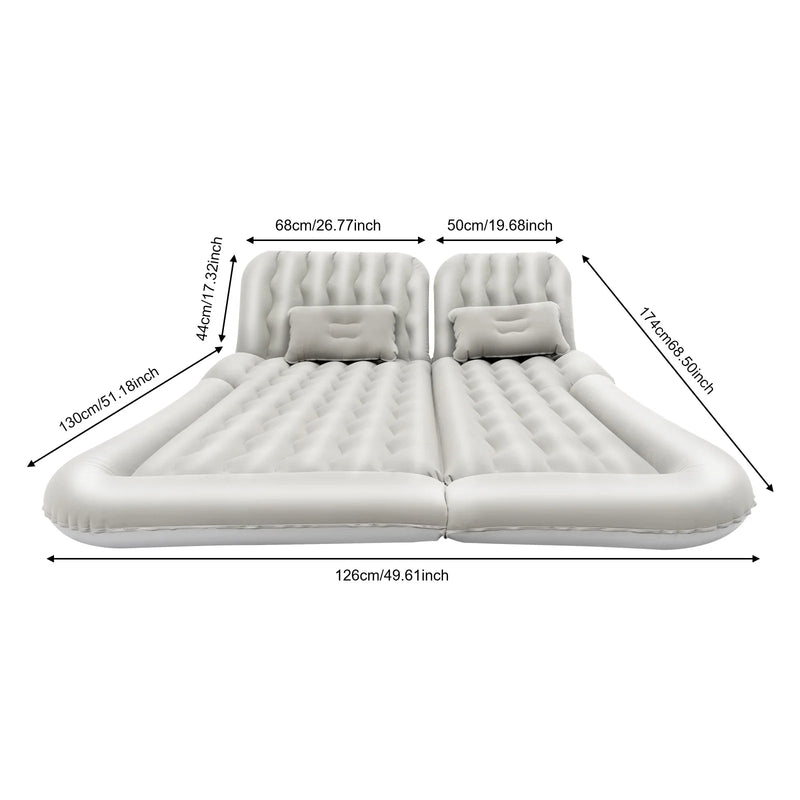 Dimensions détaillées du matelas gonflable de voiture gris clair : longueur de 174 cm, largeur de 126 cm et sections modulables avec oreillers.