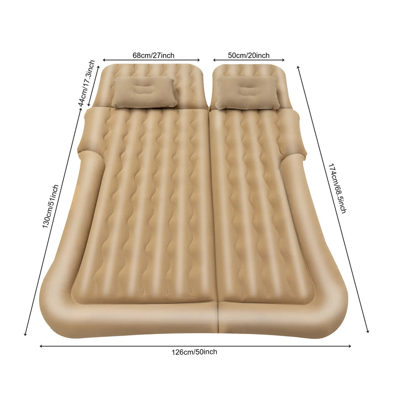 Dimensions détaillées du matelas gonflable de voiture : 174 cm de longueur, 126 cm de largeur totale, avec mesures spécifiques pour les sections modulables.