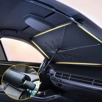 Pare-soleil de voiture en forme d'ombrelle déployé sur le pare-brise intérieur pour protéger l'habitacle de la chaleur, avec zoom sur son étui de rangement compact.