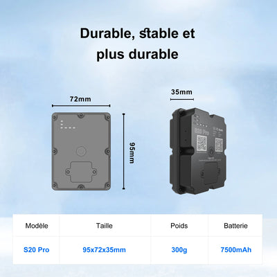 Fiche technique traceur GPS S20 Pro dimensions 95x72x35mm poids 300g batterie 7500mAh